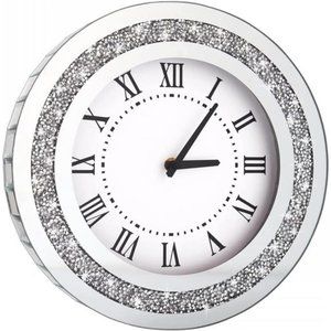 Silver Round Mirror Clock 12inch Crystal Sparkle Twinkle Bling Wall Clock